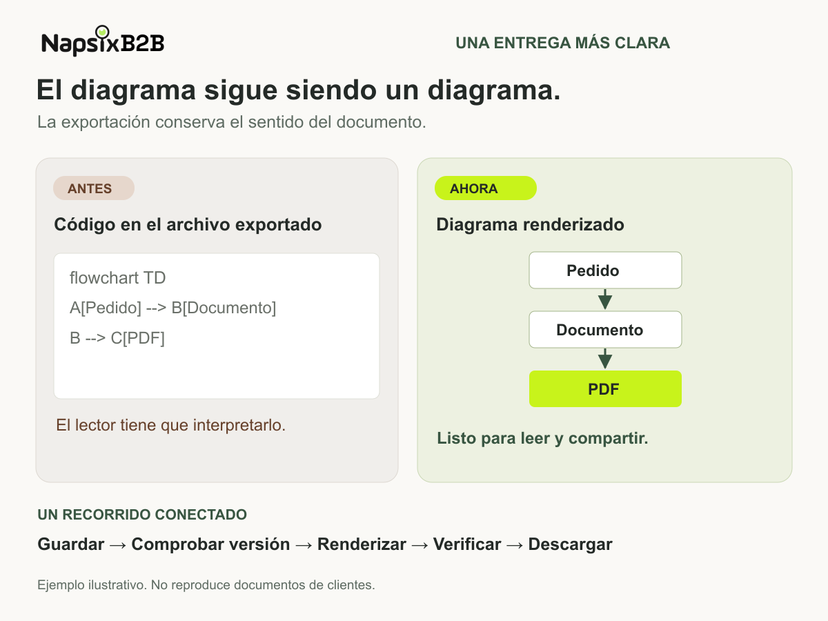 Antes y después ilustrativo: instrucciones de un diagrama frente al diagrama renderizado, con el recorrido de guardado y verificación.