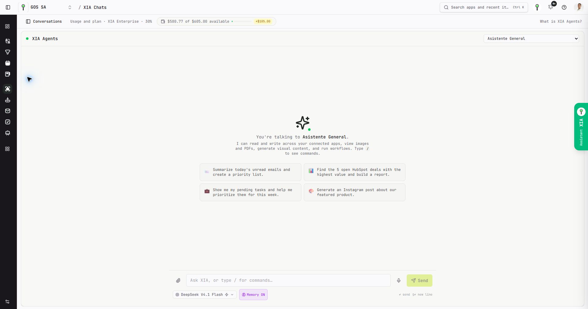 XIA Chats con el historial oculto, la franja de uso compacta y el modelo y la memoria junto al compositor